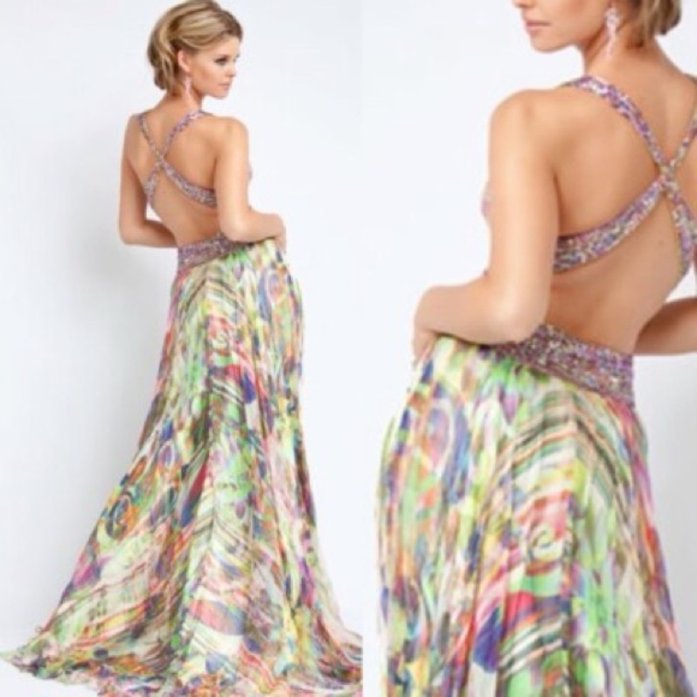 Jovani Multicolor Sequin Open Back Maxi Gown Size 4